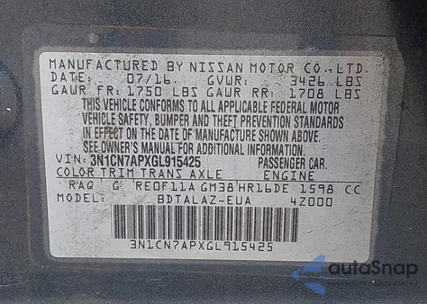 2016 Nissan Versa 1.6 S+ from USA, damaged, VIN 3N1CN7APXGL915425